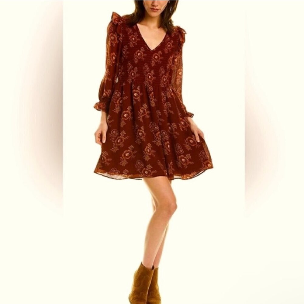 Madewell Lucie SZ XXS Rust & Peach Floral Smocked Mini Dress Boho Cottage Core